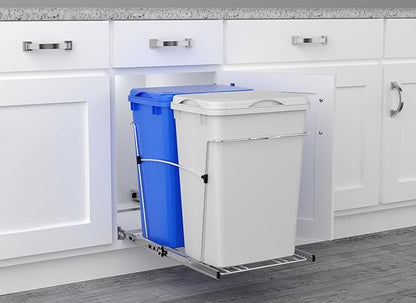 Rev-A-Shelf Double 35 Qt Pullout Trash Can for Base Kitchen Cabinets, Garbage Waste & Recycling Bin System with Lids & Full Extension Slides, Min Opening Width of 14.5", Blue/White, RV-18KD-11RC-S