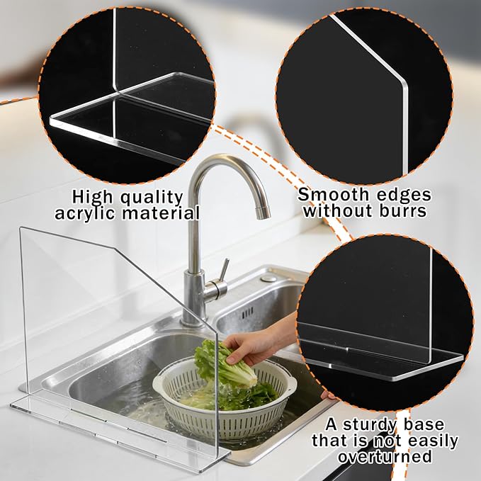 2 PCS Acrylic Sink Splash Guard Clear Splash Guard for Kitchen Sink Area 16.14 * 13.38 Inch Clear Freestanding Panel Barrier with Base