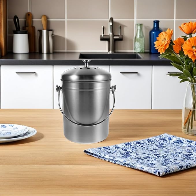 Garneck Stainless Steel Kitchen Compost Bin with Lid Odorless Countertop Food Waste Bucket Metal Compost Pail for Indoor Kitchen Trash and Food Scraps Management