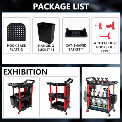 Auto Detailing Cart with Wheels, 3 Tier Rolling Detail Cart with Long Hanging Plate & Hooks & Hanging Bucket & Cat Ear Basket, for Detailers Garage, Workshop, Repair Shop, Storage Tool