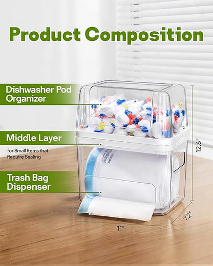 Kaen Trash Bag Dispenser & Dishwasher Pod Organizer, 3 in 1 Large Garbage Bag Dispenser, Trash Bag Holder, Clear Garbage Bags Storage Box, Laundry Room Organizer, Under Sink Organizers