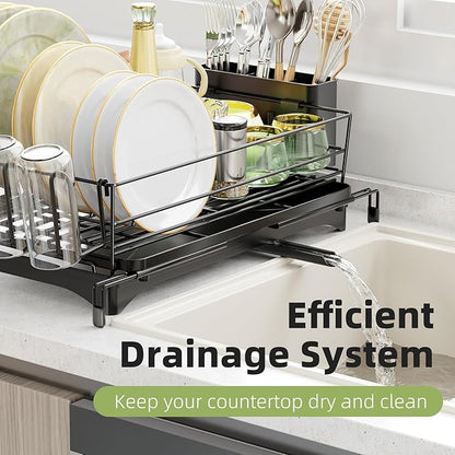 Ekisemio Expandable Dish Drying Rack for Kitchen Counter, Large Capacity Dish Drainer with Utensil Holder & Drip Tray, Space Saving Organizer (12.7"-21.7" x 17"), Black