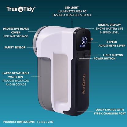 True & Tidy LED Turbo Fabric Shaver | Cordless Lint Remover with Digital Display & 3 Speeds – Perfect for Clothes, Couch & Furniture Defuzzing, White