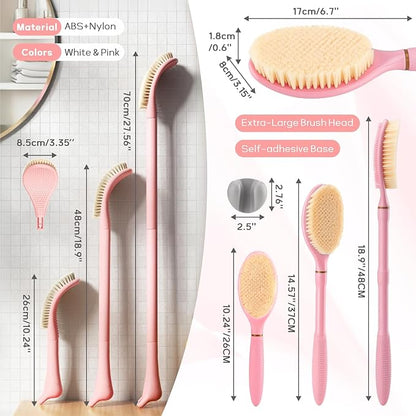 Foot Brush & Back Scrubber Set, 27.5'' Adjustable Foot Scrubber for Shower, 18.9'' Shower Back Scrubber with 3-Length Usage, Great Aid for People with Limited Mobility(Pink Set)