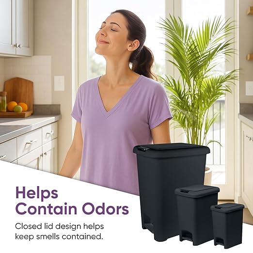 Superio 6.5L, 10L and 45L Slim Step & Push Trash Cans - 3 Pack, Dual Opening, Smooth Matte Finish, Durable Plastic - Black