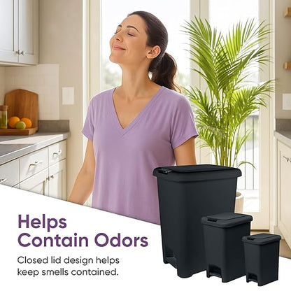 Superio 6.5L, 10L and 45L Slim Step & Push Trash Cans - 3 Pack, Dual Opening, Smooth Matte Finish, Durable Plastic - Black