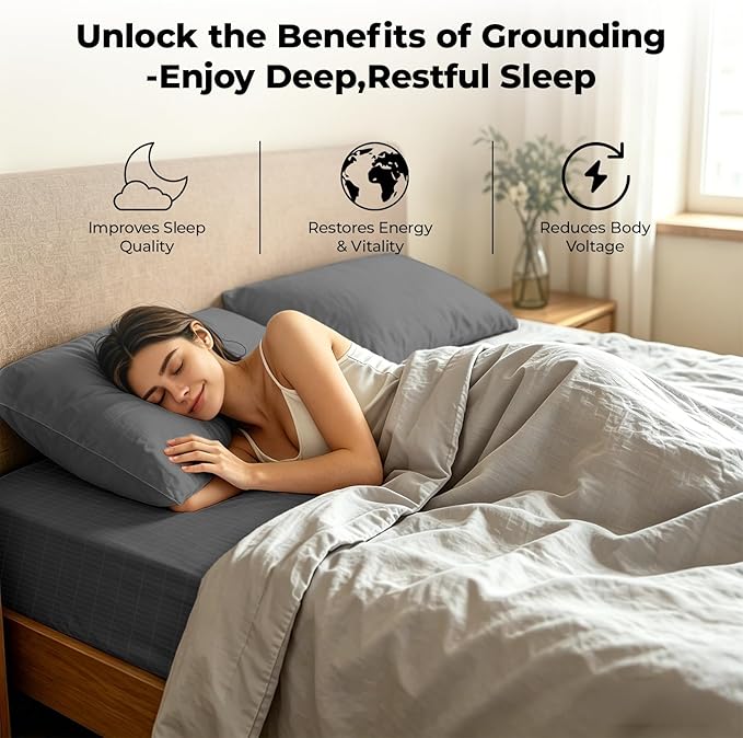 Grounding Sheets Twin XL 10% Silver Fiber Earth Connected Fitted Sheet Kit with Outlet Tester,Adapter,Cord,Wool Dryer Balls,Laundry Bag (39"x80"x15",Gray)