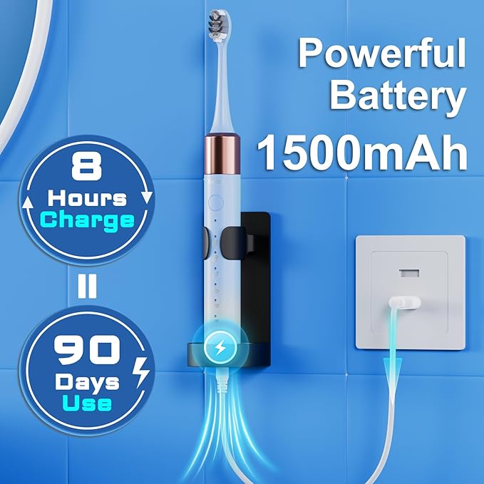 Kuicur Sonic Electric Toothbrush for Adults and Kids, Comes with 10 Brush Heads & Travel Case, 5 Modes with 2 Minutes Built in Smart Timer, One Charge for 90 Days, 42,000 VPM Motor (Blue and White)