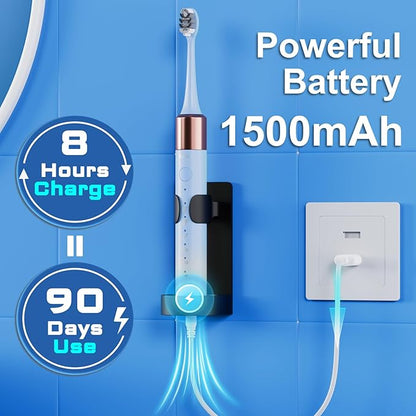 Kuicur Sonic Electric Toothbrush for Adults and Kids, Comes with 10 Brush Heads & Travel Case, 5 Modes with 2 Minutes Built in Smart Timer, One Charge for 90 Days, 42,000 VPM Motor (Blue and White)