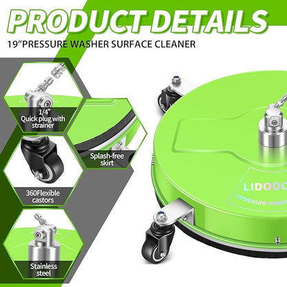 LidoDola 19'' Pressure Washer Surface Cleaner with 4 Wheels - Stainless Steel Surface Cleaner for Pressure Washer Attachment for Concrete, Driveway, Patio, Sidewalk, Deck and Driveways (19 INCH GREEN)