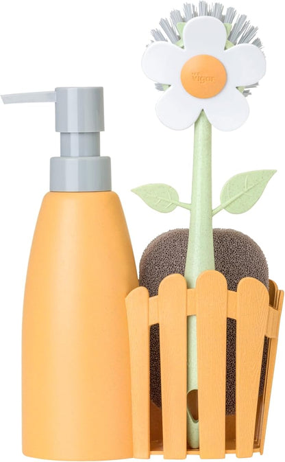 Vigar Florganic Kitchen Sink Caddy Set with Dish Soap Dispenser - Sponge Holder, Decorative Flower Dish Brush & Sponge, Kitchen Sink Organizer, Brush Holder and Soap Caddy for Countertop - Orange