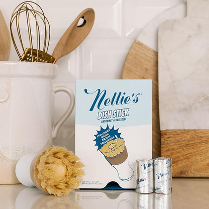 Nellie's Dish Stick + 2 Refills – Dish Soap Dispenser & Scrubber in One – Includes Refillable Soap – Built-In Brush – Twist-Up Design – Reusable, Planet-Conscious, Mess-Free Cleaning (Made in Canada)