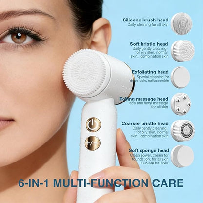 Electric Face Scrubber with Led Display & Facial Cleansing Brush - 6-in-1 Exfoliating Kit, 3 Speeds, IPX6 Waterproof Face Brush for Deep Cleaning, Massage & Gentle Exfoliation-Milk White