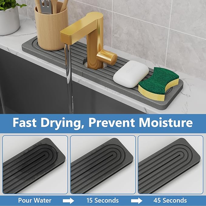24'' Longer Stone Faucet Mat for Kitchen Sink [Super Absorbent, 30s Quick Drying] Water Absorbing Stone Tray for Sink Stone Mat for Kitchen Sink Stone Quick Dry Around Faucet Diatomite Stone Sink Tray