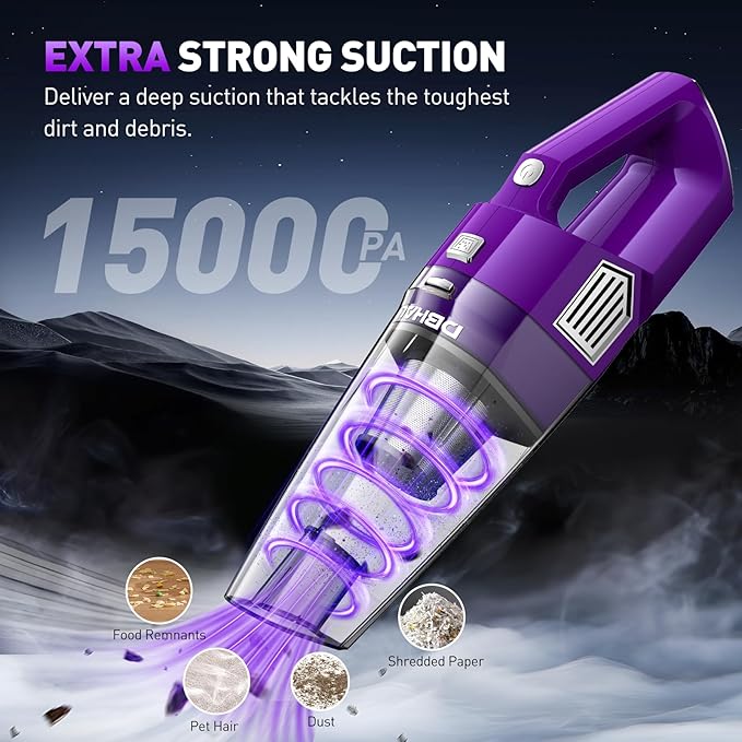 Handheld Vacuum Cordless, 15000PA Powerful Suction Car Vacuum Cleaner Lightweight with Multi Accessories, Hand held Vacuum Cleaner Cordless Rechargeable for Car Home