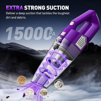 Handheld Vacuum Cordless, 15000PA Powerful Suction Car Vacuum Cleaner Lightweight with Multi Accessories, Hand held Vacuum Cleaner Cordless Rechargeable for Car Home