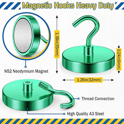 FINDMAG Magnetic Hooks for Cruise Cabins, 110lbs Magnetic Hooks for Classroom, Magnets for Cruise, Heavy Duty Magnets Strong, Classroom Decor, Locker Organizer, Camping Essentials, 6 Pack, Green