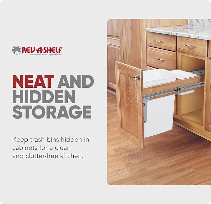 Rev-A-Shelf 35 Qt Top Mount Single Pullout Under Cabinet Kitchen Trash Cans for Base Cabinets, 150 Pound Rated Full-Extension Slides, Min Opening Width of 11.5", White, 4WCTM-12DM1-175