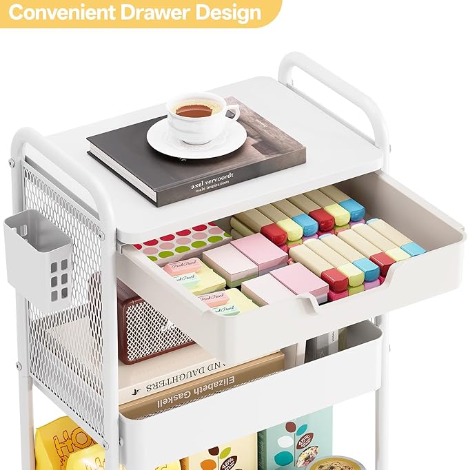 3 Tier Metal Rolling Utility Cart with Drawer & Pegboard - Multifunctional Storage Cart on Wheels with Tabletop, Hooks & Basket, Sturdy Craft & Art Cart for Bathroom, Bedroom, Children Room, White