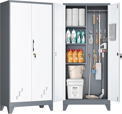 Metal Garage Storage Cabinets with Lock- 61" Tall Broom Closet Storage Cabinet & Pantry Organizer for Laundry Room, Home Office, Gym, School