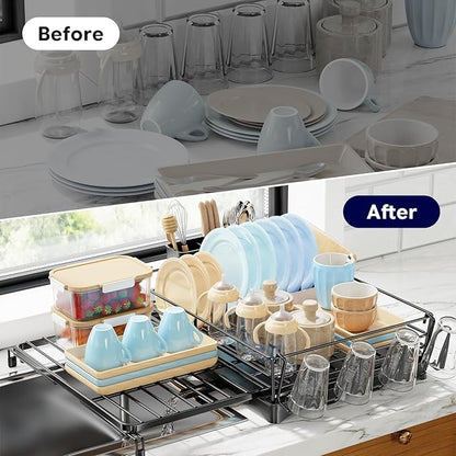Simple Trending Dish Rack - Adjustable Dish Drying Rack for Kitchen Counter, Large Capacity Dish Drainers, Stainless Steel Dish Strainer with Utensil & Cup Holders, Black