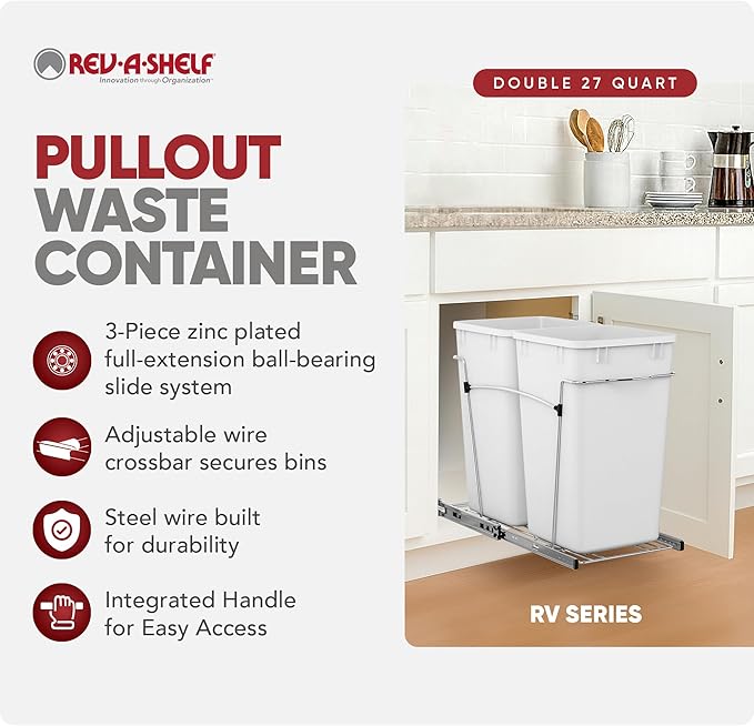 Rev-A-Shelf Double 27 Qt Pullout Trash Can for Base Kitchen Cabinets, Garbage Waste Bin System with Full Extension Slides, Min Opening Width of 11.5", White, RV-15KD-11C S