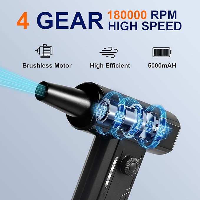 Compressed Air Duster, 4 Gear Adjustable180000RPM Super Power Electric Air Dusters Rechargeable Cordless Air Blower with LED Light for Keyboard, Car (Black)