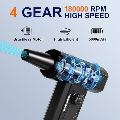 Compressed Air Duster, 4 Gear Adjustable180000RPM Super Power Electric Air Dusters Rechargeable Cordless Air Blower with LED Light for Keyboard, Car (Black)