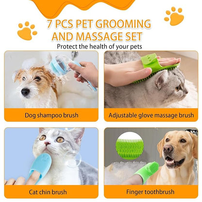 7 PCS Pet Bath Brush Set, Dog Bath Brush with Shampoo Dispenser, Cat Chin Cleaning Brush, Dog Toothbrush, Adjustable Glove Massage Brush, Pet Scrubber for Bathing Long Short Haired Dogs Cats (Green)