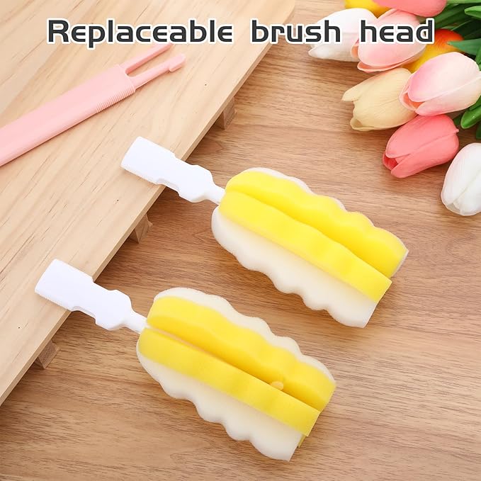 4 Pcs Bottle Brush Sponge, Cup Water Bottle Sponge Brush Cleaner, Detachable Cleaning Brushes for Cleaning with Handle for Baby Glasses Mugs(4Pcs+2 Heads)