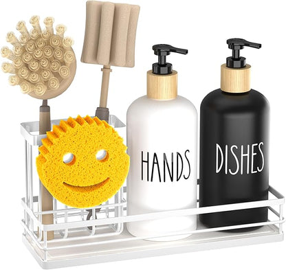 Moforoco Kitchen Dish Soap Dispenser Set, 16OZ Glass Bottle, Hand and Dish Soap Dispenser Set, Instant Dry Tray, Brush Holder with Smiley Face Sponge Holder (White Tray+Black&White Bottle)