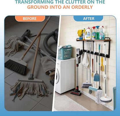 Broom Holder Wall Mount With Cleaning Supplies Organizer Shelf Broom And Mop Organizer Wall Hanging With Vacuum Holder Wall Mount, Wall Mounted Broom Hanger Utility Racks For Home Garage Laundry Room