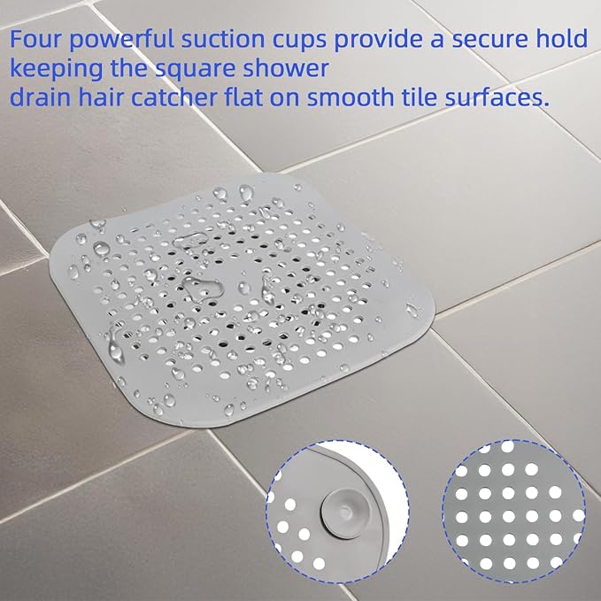 4 Pack Shower Drain Hair Catcher, Silicone Hair Stopper with Suction Cup, Drain Strainer for Bathroom, Bathtub & Kitchen Sink - Grey