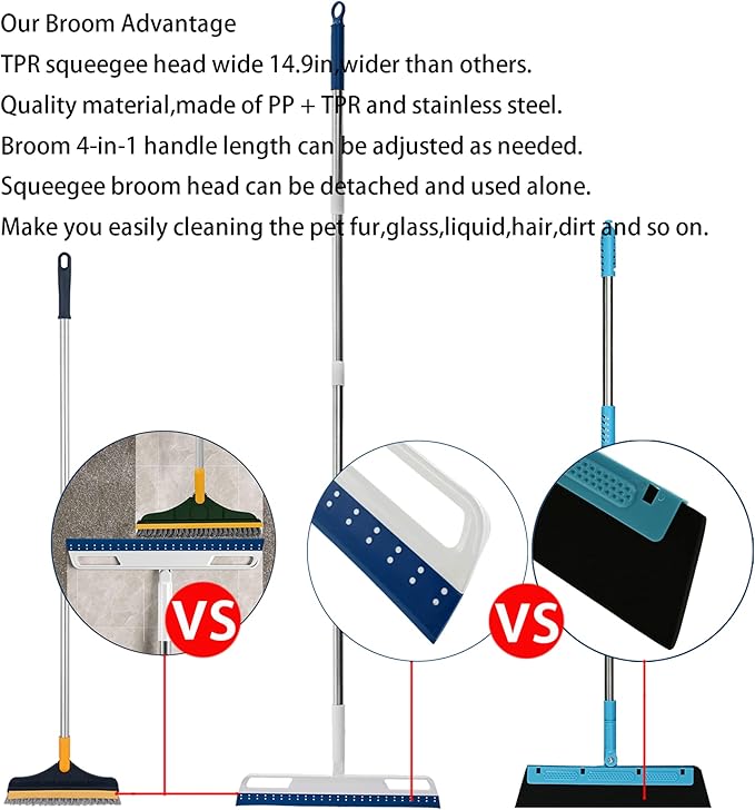Multifunction Rubber Air Broom, Silicone Broom with 56" Long Handle, 4 in 1 Rubber Squeegee Sweeper for Floor Bathroom Kitchen Shower Tile Pet Hair Fur Marble Glass Water Window Foam Cleaning (Blue)