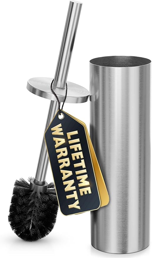 Stylish Stainless Steel Toilet Brush and Holder Set - Silver Toilet Bowl Brush and Holder with Splash Cover, Sturdy Bristles, Corrosion & Scratch Resistant - Elegant Design, Effective Deep Cleaning