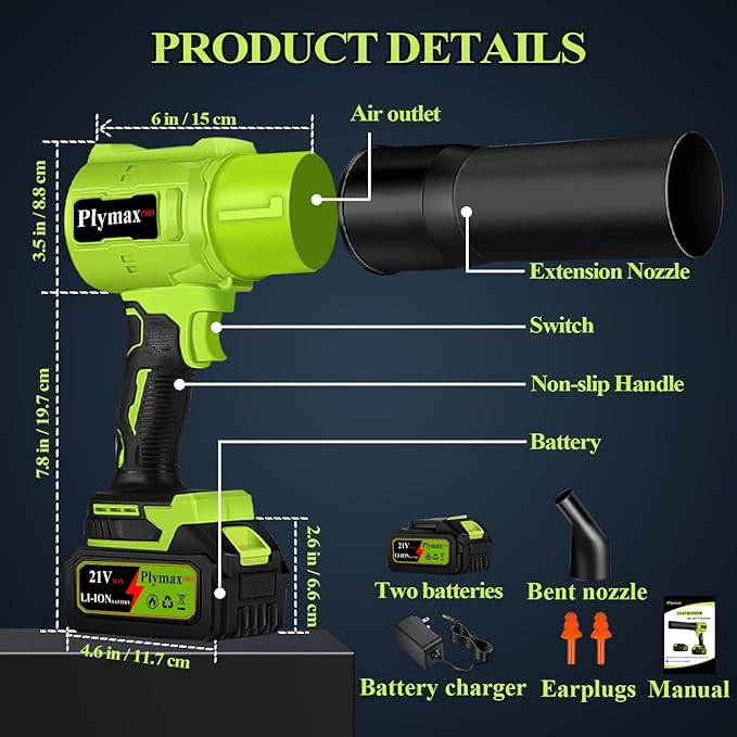 Cordless Leaf Blower,Electric 800,000 RPM Handheld Blower with 2×21V Batteries & Charger,Turbo Jet air Blower with 2 Speed Nozzles for Patio Cleaning,Lawn Care,Leaves,Dust,Snow,Car Drying