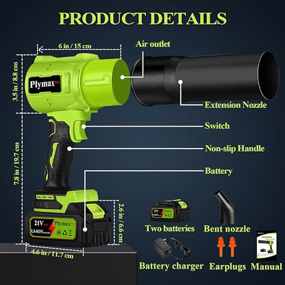 Cordless Leaf Blower,Electric 800,000 RPM Handheld Blower with 2×21V Batteries & Charger,Turbo Jet air Blower with 2 Speed Nozzles for Patio Cleaning,Lawn Care,Leaves,Dust,Snow,Car Drying