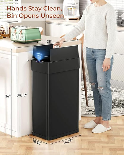 TLSUNNY 21.1 Gallon Automatic Trash Can, Stainless Steel Motion Sensor Garbage bin, Smart Trash Can W/Butterfly Lid, Bag Retainer Ring and Display Light for Living Room,Kitchen,Office (Black, 80L)