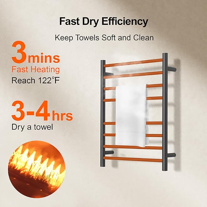 (1 Pack Yariwiz) Electric Towel Warmer for Bathroom Wall Mounted Drying Rack Plug-in Electric Heated Towel Rack Stainless Steel Round 8 Bars Bath Towel Heater Black