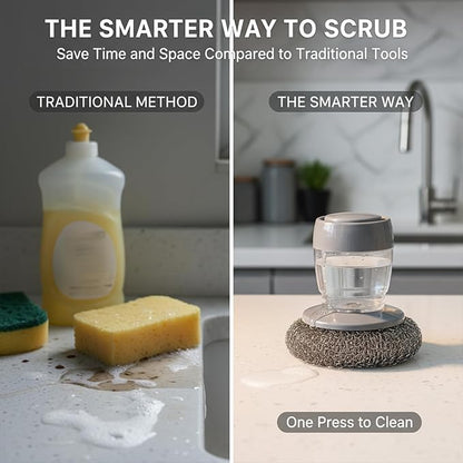 Sakerplus Dish Brush Kitchen Soap Dispensing Palm Brush, Comfort Grip Soap Dispensing Kitchen Scrub, Palm Brush Dish Scrubber with Holder for Kitchen Sink (1, Dark Gray, Steel Wool)