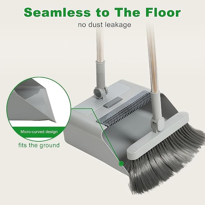 3in1 Broom and Dustpan Combo with Cleaning Teeth, Adjustable Long Handle, 180° Rotating Broom,Ideal for Pet Hair, Indoor Outdoor Heavy Duty Floor Sweeping (Gray)