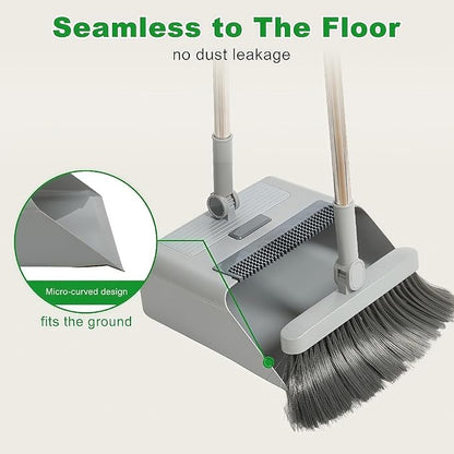 3in1 Broom and Dustpan Combo with Cleaning Teeth, Adjustable Long Handle, 180° Rotating Broom,Ideal for Pet Hair, Indoor Outdoor Heavy Duty Floor Sweeping (Gray)