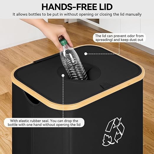 Recycling Bin for Kitchen, 26 Gallon 100L Indoor Home Recycle Bin with Lid and 2 Removeable Reusable Inner Bags, for Bottles, Cans, Glass, Plastic & Stickers, Black