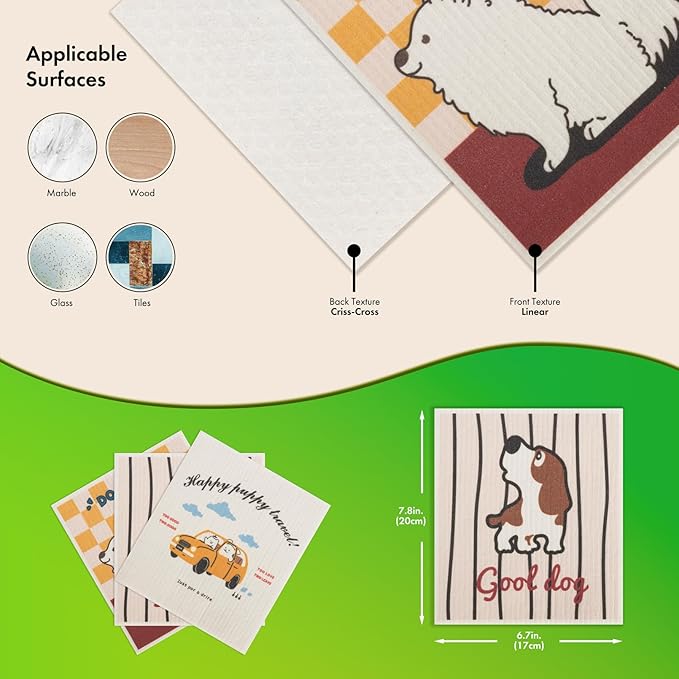 Swedish Dishcloths for Kitchen, 6 Pack Cute Dog Swedish Dish Towels with Clips, Reusable Paper Towels Washable Non-Scratch Super Absorbent Cellulose Sponge Cloths, Biodegradable No Odor