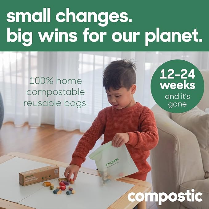 Compostic Compostable Sandwich Bags (200 Count) Bulk Pack — Resealable Zip-Seal, Plant-Based, Home Compostable, Freezer & Microwave Safe, BPA-Free, Non-Toxic, GMO-Free Food Storage Bags