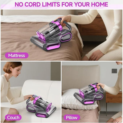 Mattress Vacuum Cleaner - 16Kpa Bed Vacuum with 253.7nm UV-C Light, 140°F Heat, Ultrasonic Tech & Hepa Filter, Portable Handheld Couch Cleaners for Pet Carpet Sofa Hair Home, Purple-Cordless