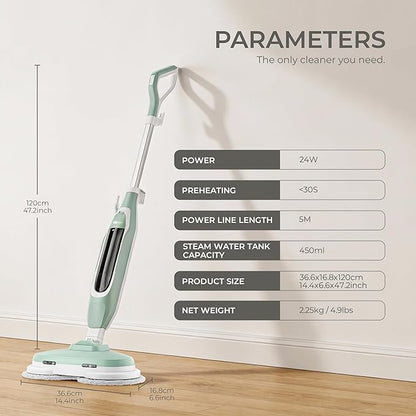 Steam Mop, All-in-One Steam and Scrub Hard Floor Cleaner with LED Headlights, 450ml Tank, 4 Soft Pads, Dual Power, Swivel Steering for Hardwood, Tile and Laminate