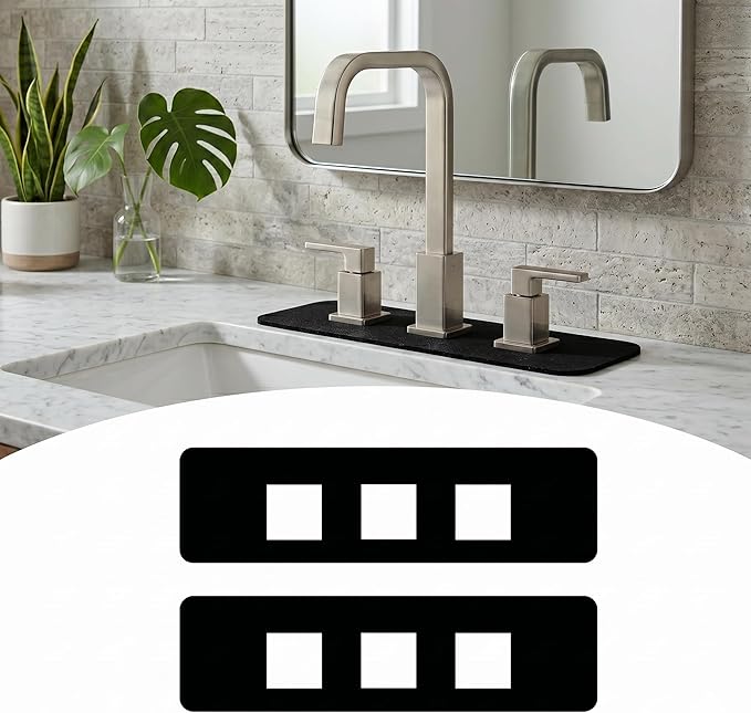 2PCS Faucet Mat for Bathroom Sink 3 Square Holes: 18’’Lx5.5’’W Splash Guard for 8 Inch Widespread Faucet - Trimmable Absorbent Non-slip Drip Catcher for Irregular Bathroom Vanity & Kitchen Sink