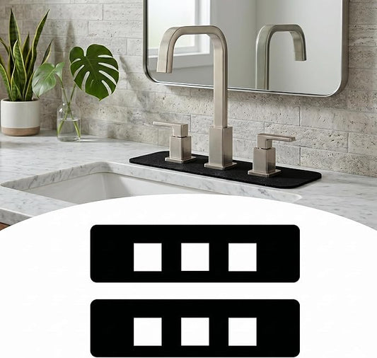 2PCS Faucet Mat for Bathroom Sink 3 Square Holes: 18’’Lx5.5’’W Splash Guard for 8 Inch Widespread Faucet - Trimmable Absorbent Non-slip Drip Catcher for Irregular Bathroom Vanity & Kitchen Sink