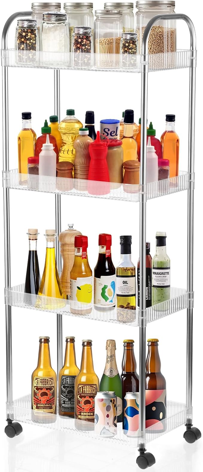 4 Tier Kitchen Bathroom Storage Rolling Cart 39 Inches Tall Slim Utility Rolling Shelf Cart with 4 Universal Wheels Coner Storage Shelves Cart (Acrylic)